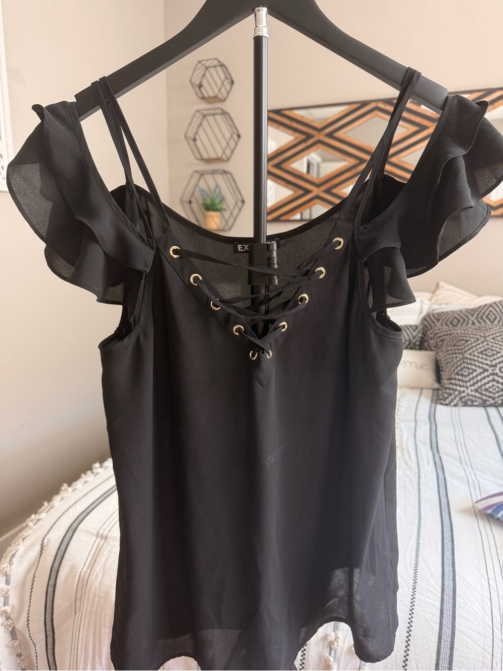 Express Black Lace-Up Ruffle Sleeve Blouse